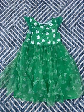 Girls Green Four Leaf clover Floral Tulle Tiered Dress